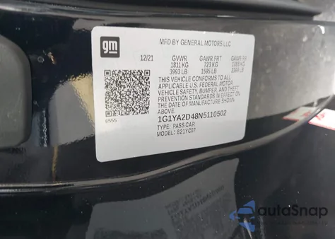 2022 Chevrolet Corvette Stingray Rwd 1Lt z USA, uszkodzony, nr VIN 1G1YA2D48N5110502